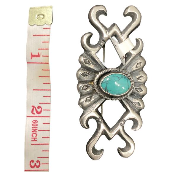 Beautiful 925 Sterling Silver Brooch Native American Style Turquoise Stone - Picture 3 of 3
